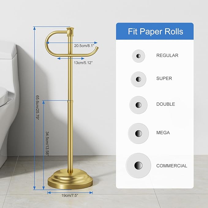 RUMOSE Toilet Paper Holder Stand for Floor, Brushed Gold Bathroom Free Standing Toilet Tissue Roll Holder with Storage, Adjustable 17-25 Inch, SUS304 Stainless Steel