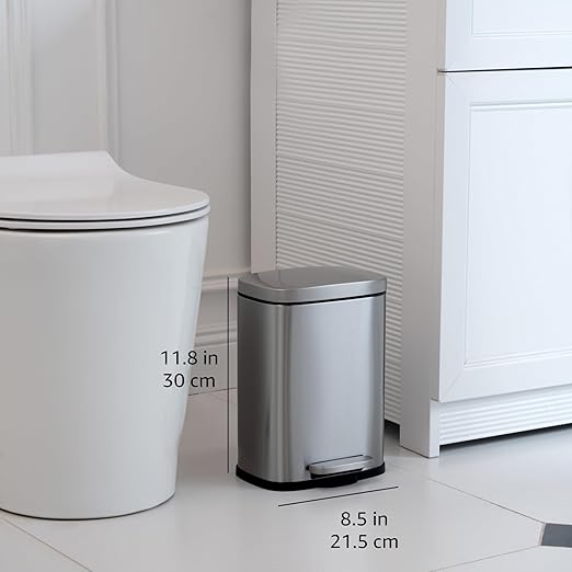 Amazon Basics Smudge Resistant Mini Rectangular Trash Can With Soft-Close Foot Pedal, Brushed Stainless Steel, for Bathroom & small space, 5L/1.32 Gal, 7.3x8.5x11.8 in, Satin Nickel Finish