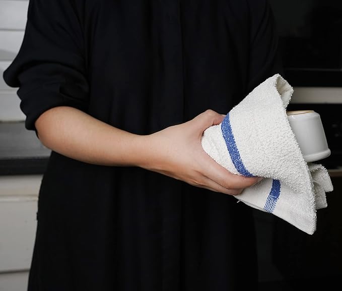 Bar Mops Blue Stripe Pack of 24 Kitchen Towels 16x19 Multi-Purpose for Home, Restaurant and Cleaning White Absorbent Washcloth Dishcloths Sets, Reusable Dish, Cloths Rags