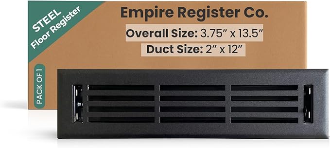 EMPIRE REGISTER CO Linear Design, Heavy Duty Floor Vent Covers, Metal Damper Attached. Vent Covers for Floor only. (Floor, Textured Black, 2 x 12 inch (Pack of 1))
