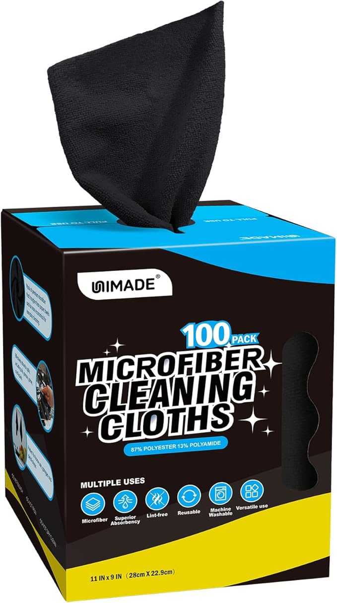 Microfiber Cleaning Cloth, 100 Sheets Microfiber Towels for Cars Commercial Grade Washcloths Lint-Free Bulk Shop Towel Cleaning Rags for Mechanic Restaurant Garage Housekeeping, 11"x 9", Black
