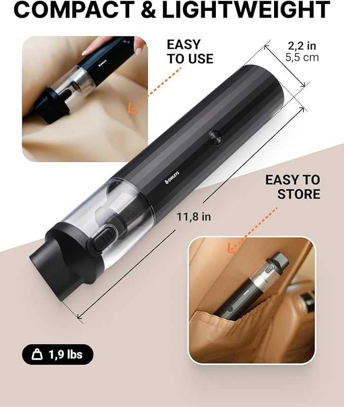 Owleys Portable Handheld Car Vacuum Cleaner with HEPA & Stainless Steel Filter, 6000–16000PA Suction, 85000 RPM Motor, 40-Min Battery Life, Cordless Mini Vacuum for Car, Home, and Office