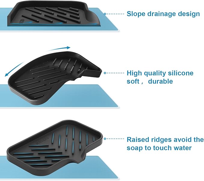 SUBEKYU Silicone Kitchen Soap Tray, Sink Tray for Kitchen Counter/Soap Bottles, Sponge Holder and Organizer with Drain Spout, Black, [Size: 9.5 x 5 inch]
