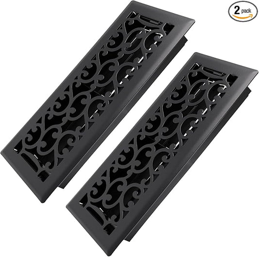 4x12 Inches 2 Pack Heavy Duty Walkable Floor Register - Easy Adjust Air Supply Lever Decorative Floor Vent Covers - Savannah Design Vent Covers for Home - Matte Black