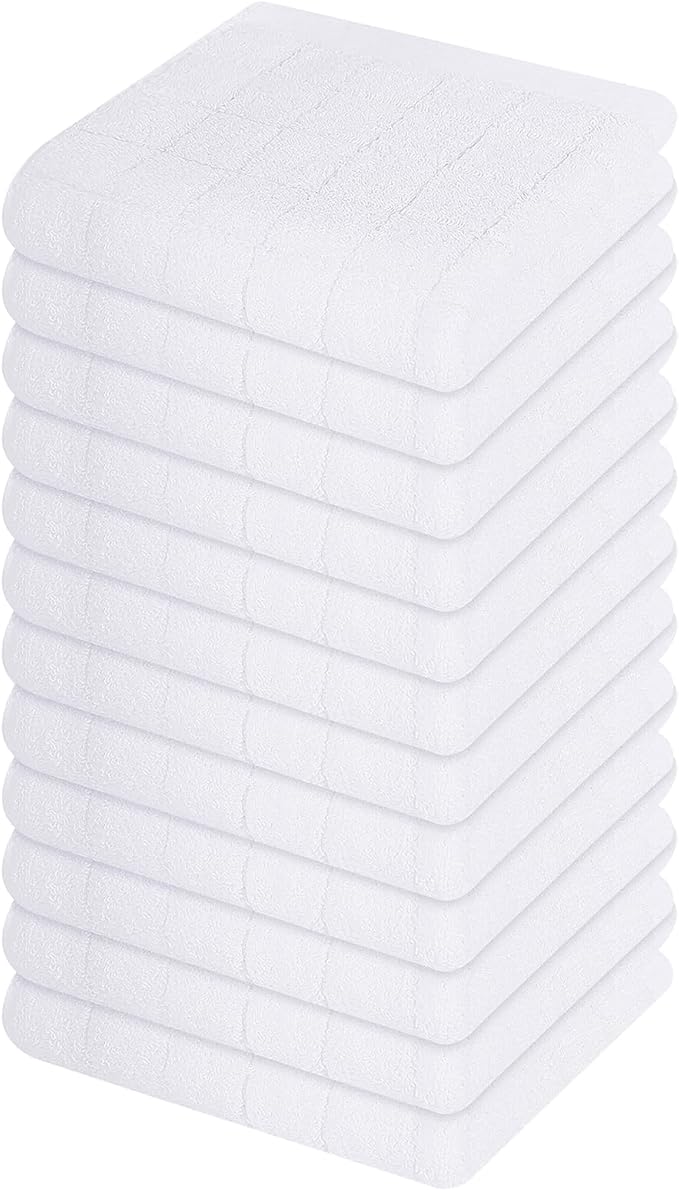 Mordimy 100% Cotton Terry Cloth Dish Cloths, Soft and Absorbent Checkered Dish Towels, Quick Drying Dish Rags for Washing Dishes, 12 Pack, 12 x 12 Inches, White