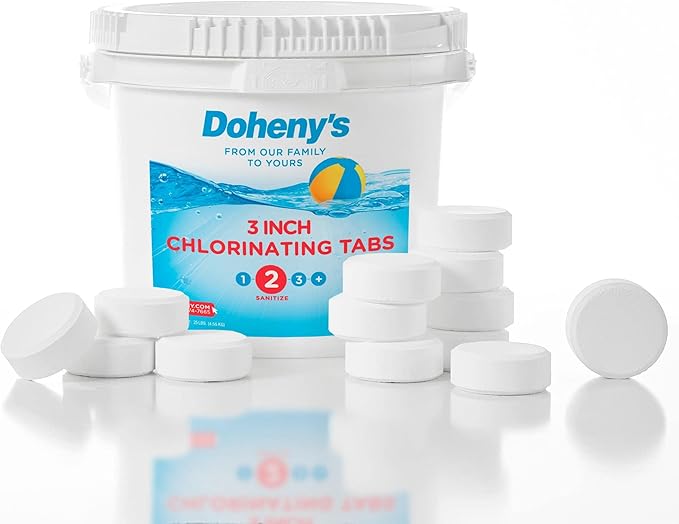 Doheny’s 3-Inch Stabilized Chlorine Tablets for Sanitizing Swimming Pools | 99% Pure Tri-Chlor, 90% Available Chlorine | Long-Lasting, UV-Protected, Slow-Dissolving | Individually Wrapped 10lb Bucket
