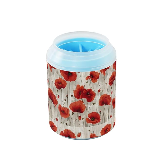 Dog Paw Cleaner Cups for Dogs Pets Foot Washer Paw Scrubber for Medium Small Cats Dogs Cute Cleaning Cup Rustic Red Poppy Flowers