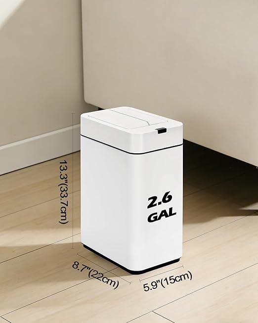 ELPHECO Bathroom Trash Can with Lid 2.6 Gallon Smart Trash Can Slim Motion Sensor Garbage Can Automatic Stainless Steel Wastebasket Bathroom Decor for Bedroom Office Toilet White