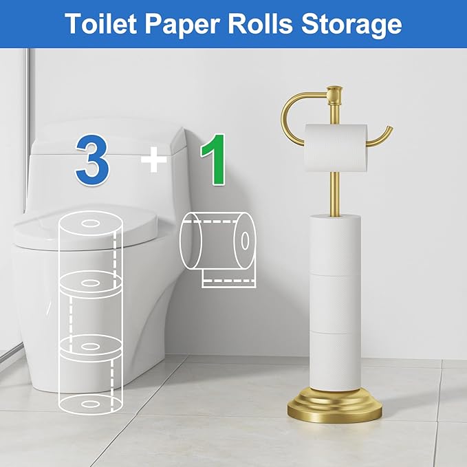 RUMOSE Toilet Paper Holder Stand for Floor, Brushed Gold Bathroom Free Standing Toilet Tissue Roll Holder with Storage, Adjustable 17-25 Inch, SUS304 Stainless Steel