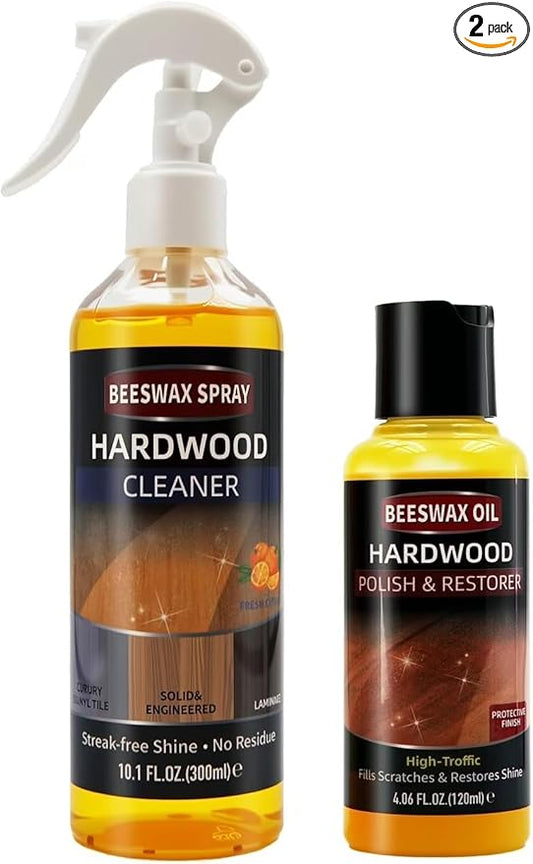 Furniture Polish Kit: Wood Cleaner Spray & Nourishing Care Oil – For Floors, Kitchen Tables, Desks & All Home Wood Furniture (300ml+120g)
