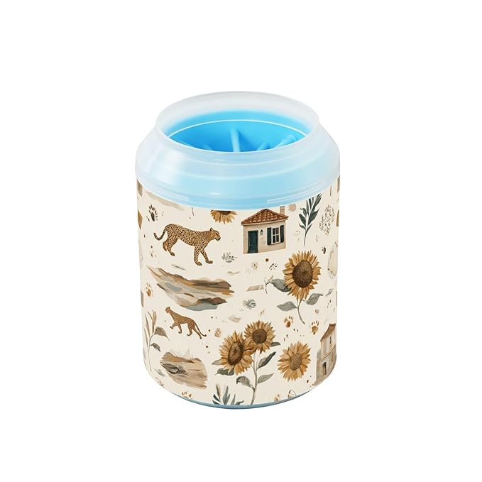 Dog Paw Cleaner Cups for Dogs Pet Foot Washer Paw Scrubber for Medium Small Large Dogs Cats Cleaning Cup Beige Sunflowers Leopards Plants