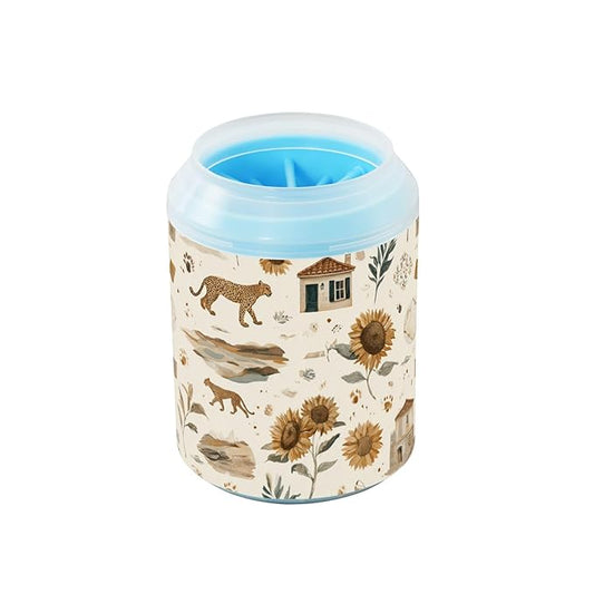 Dog Paw Cleaner Cups for Dogs Pet Foot Washer Paw Scrubber for Medium Small Large Dogs Cats Cleaning Cup Beige Sunflowers Leopards Plants