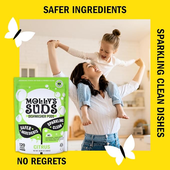 Molly's Suds Dishwasher Pods | Clean Dishwasher Detergent, Cuts Grease & Rinses Clean (Residue-Free) for Sparkling Dishes | 120 Auto-Release Tabs (Citrus) (Pack of 2)