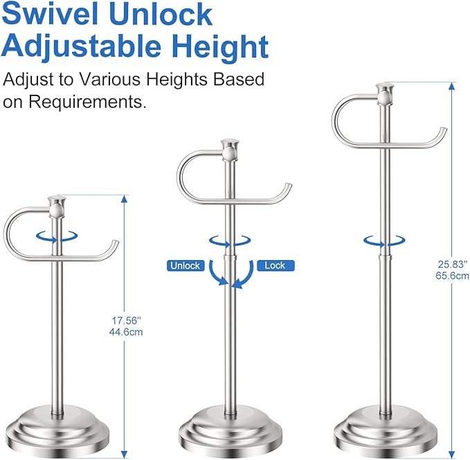 RUMOSE Toilet Paper Holder Stand for Floor, Brushed Nickel Bathroom Free Standing Toilet Tissue Roll Holder with Storage, Adjustable 17-25 Inch, SUS304 Stainless Steel