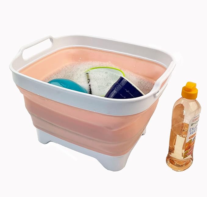SAMMART 7.5L (2 Gallons) Collapsible Dishpan with Draining Plug - Foldable Washing Basin - Portable Dish Washing Tub - Space Saving y (Grey + Pearl Blush, 2)