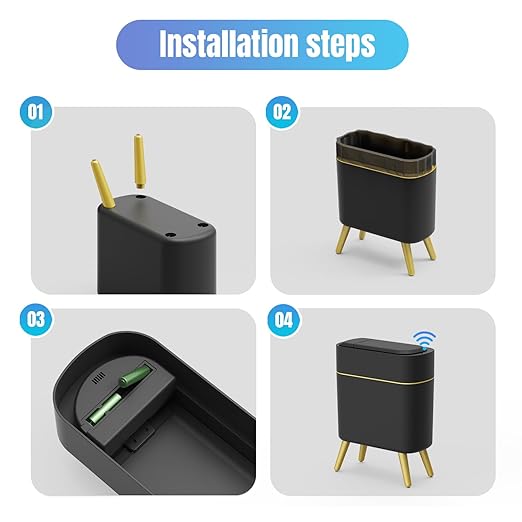 Yatmung Bathroom Trash Can Automatic Touchless Modern Smart Trash Bin - Narrow Waste Basket for Bedroom, Laundry Room, Office, Plastic - Motion Sensor Garbage Can with Lid - Black with Gold Edge