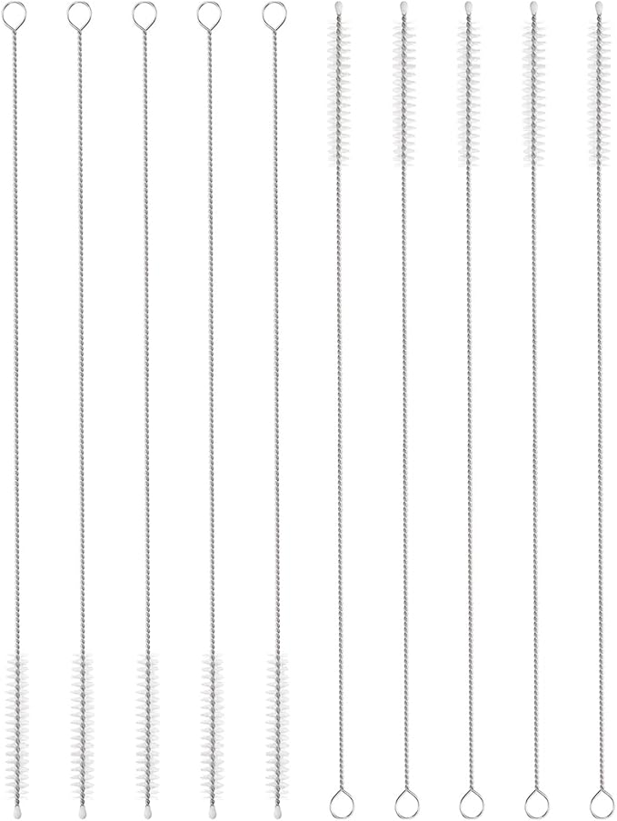 HARFINGTON Straw Cleaner Brush Set, 12 Inch Length 304 Stainless Steel and Nylon Bristles for Water Bottle Silicone Straw Sippy Cup Pipes, White (8mm OD, 10-Piece-Set)