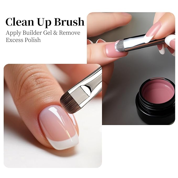 Dual Head Acrylic Nail Brush-French Tip & Square Round with Cleaning Brush for Builder Gel,Polygel & Design-Wood Handle & Metal Caps