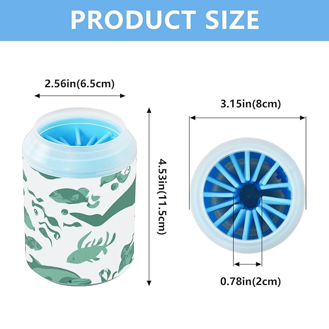 Dog Paw Cleaner Cups for Dogs Pets Foot Washer Paw Scrubber for Medium Small Dogs Cats Cleaning Cup Green Dolphins Fish and Seaweed
