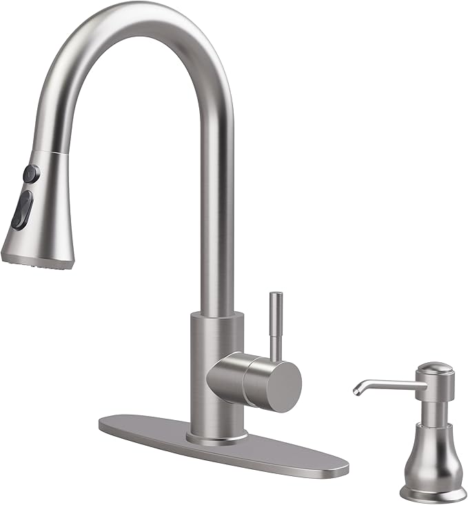 VXV Kitchen Faucet with Soap Dispenser, 3 Modes Kitchen Faucet with Pull Down Sprayer, Stainless Steel Sink Faucet for Farmhouse, Bar, and RV, with Deck Plate and 1/2'' Adapters