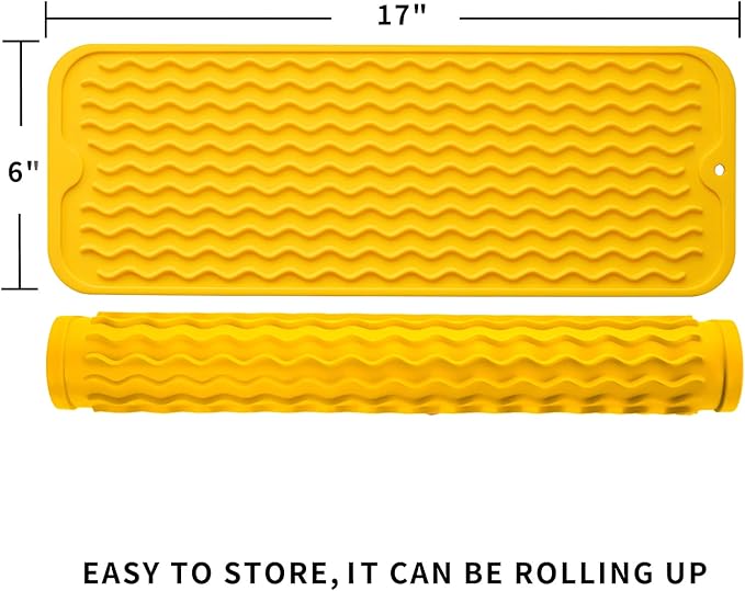 Silicone Dish Drying Mat for Multiple Usage,Easy clean,Eco-friendly,Heat-resistant Silicone Mat for Kitchen Counter,Sink,Bar,Bottle,or Cup Yellow M 17 inches x 6 inches