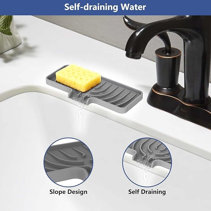 Silicone Sponge Holder for Kitchen Sink With Drain Spout, Self Draining, 10×4inch Kitchen Soap Tray, Bathroom Organizer, Sink Caddy, Perfect for Dispenser, Scrubber, Bottle, Cup on Counter (Gray)