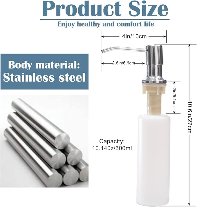 Soap Dispenser for Kitchen Sink (Chrome),Built in Design Sink Soap Dispenser, Refill from The Top, Stainless Steel Kitchen Soap Pump with 10 fl.oz Bottle (300ml)