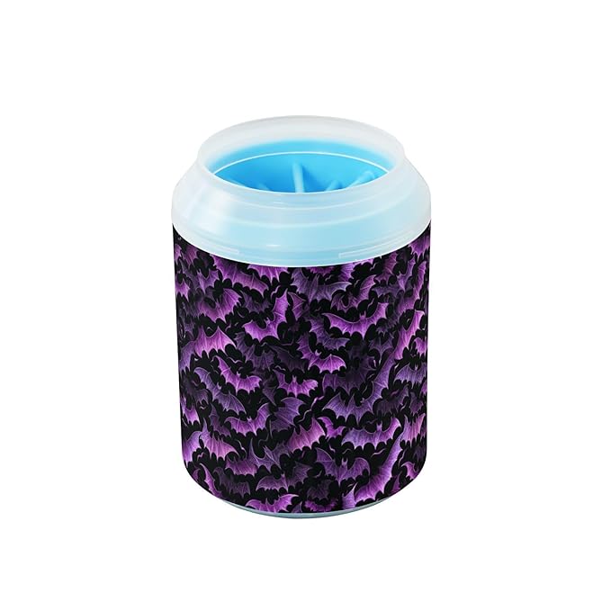 Dog Paw Cleaner Cups for Dogs Pets Foot Washer Paw Scrubber for Medium Small Cats Dogs Cute Cleaning Cup Purple Halloween Bats