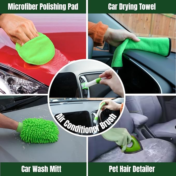 26 Pcs Car Detailing Kit – Complete Interior & Exterior Car Cleaning Kit with Drill Brush Attachments, Detailing Brushes, Wheel & Tire Brush, Microfiber Towels, Wash Mitt, Pet Hair Remover
