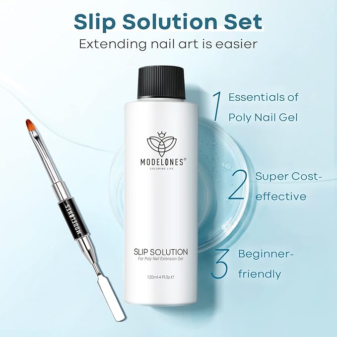 Modelones Poly Extension Gel Kit Slip Solution for Nails Forms with Dual-Ended Nail Brush Anti-Stick Liquid Brushes Cleaning Easy Spread for Beginner