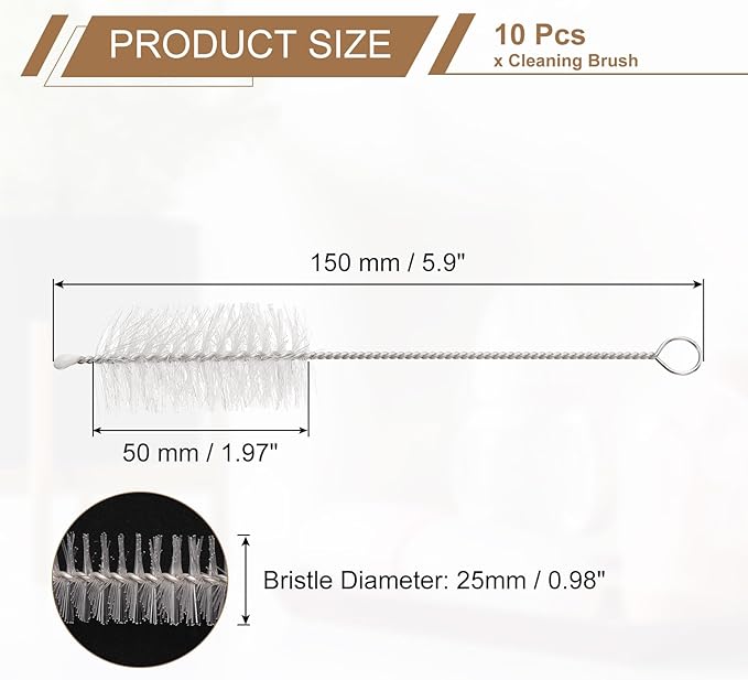 HARFINGTON Straw Cleaner Brush Set, 6 Inch Length 304 Stainless Steel and Nylon Bristles for Water Bottle Silicone Straw Sippy Cup Pipes, White (25mm OD, 10-Piece-Set)