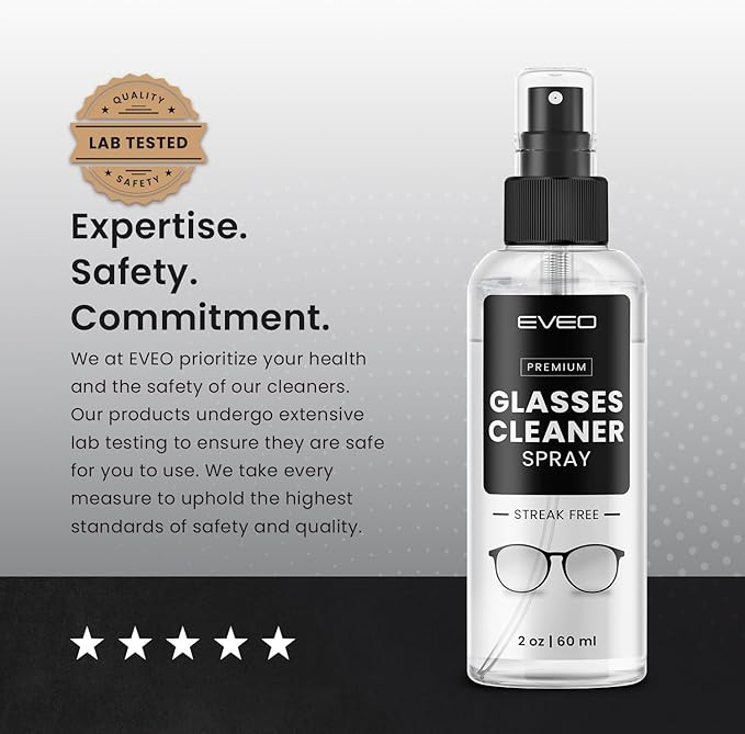 EVEO Glasses Cleaner Spray - Eyeglass Cleaner (No Streaks)| Eye Glass Cleaners Spray + Lens Cleaner Microfiber Cleaning Cloth, Glasses Cleaning Kit Eye - 2oz