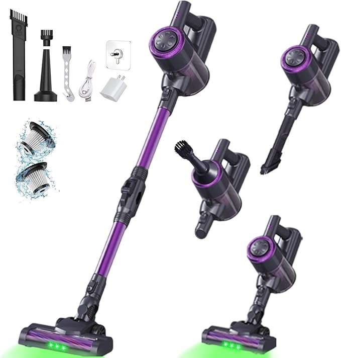 Cordless Vacuum Cleaner, Vacuum Cleaners for Home with 180° Bendable Wand | Green LED Light, Self-Standing, 1.5L Dust Cup, Washable HEPA Filter| Lightweight Stick Vacuum for Hardwood Floors