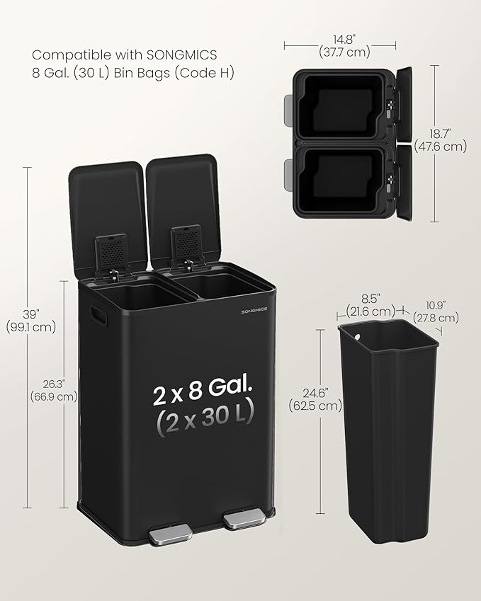 SONGMICS Trash Can, 2 x 8 Gallon (2 x 30 L) Dual-Compartment Garbage Can with Soft-Close Lid, Pedal and Inner Buckets, Stainless Steel, Includes 15 Liner Bags, Ink Black ULTB741B01