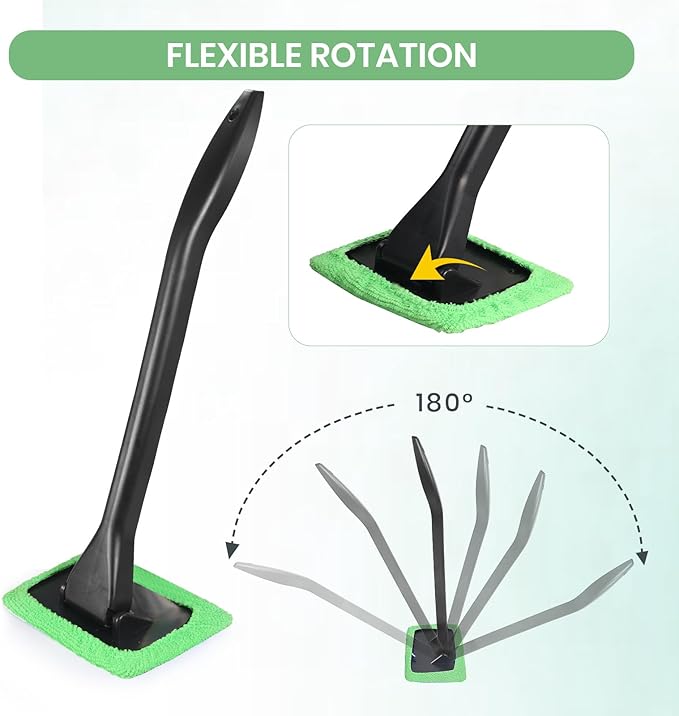 6PCS Windshield Cleaning Tool Car Window Cleaner with 5 Reusable and Washable Microfiber Pads and Extendable Handle Auto Inside Glass Wiper Kit Green (Green)