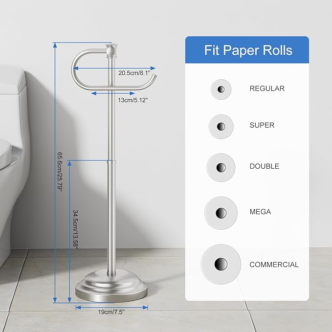 RUMOSE Toilet Paper Holder Stand for Floor, Brushed Nickel Bathroom Free Standing Toilet Tissue Roll Holder with Storage, Adjustable 17-25 Inch, SUS304 Stainless Steel