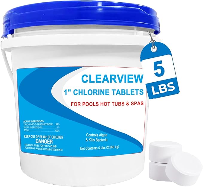 ClearView Chlorine Tablets 1 Inch 5 Lbs for Swimming Pools, Long-Lasting Stabilized 1" Chlorinating Tablets for Spa Hot Tub Chemicals, Pool Chlorinating Sanitizer 90% Available Chlorine