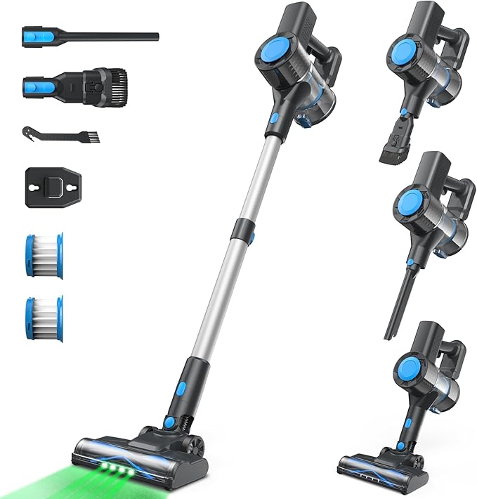 Cordless Vacuum Cleaner, Powerful Lightweight Stick Vacuum with Self-Standing, Anti-Tangle, 8-in-1 Rechargeable Vacuum Cleaners for Home, Hardwood Floors, Carpet, Pet Hair (Navy)