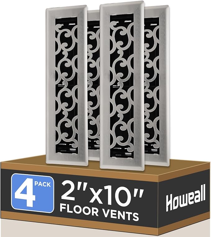 2x10 Inches 4 Pack Heavy Duty Walkable Floor Register - Easy Adjust Air Supply Lever Decorative Floor Vent Covers, Savannah Design Vent Covers for Home - Satin Nickel