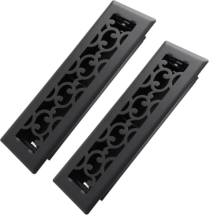 2x10 Inches 2 Pack Heavy Duty Walkable Floor Register - Easy Adjust Air Supply Lever Decorative Floor Vent Covers - Savannah Design Vent Covers for Home - Matte Black