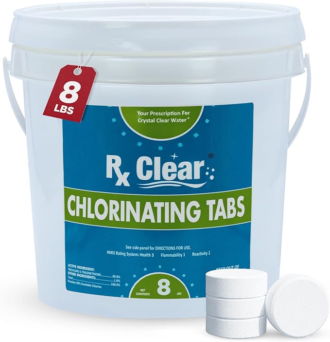 Rx Clear 3" Inch Chlorine Tabs | 8 Pounds | Individual Stabilized Chlorinating Tablets for Sanitizing Swimming Pools | Long Lasting, Slow Dissolving, and UV Protected