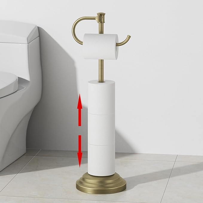 RUMOSE Toilet Paper Holder Stand for Floor, Antique Brass Bathroom Free Standing Toilet Tissue Roll Holder with Storage, Adjustable 17-25 Inch, SUS304 Stainless Steel