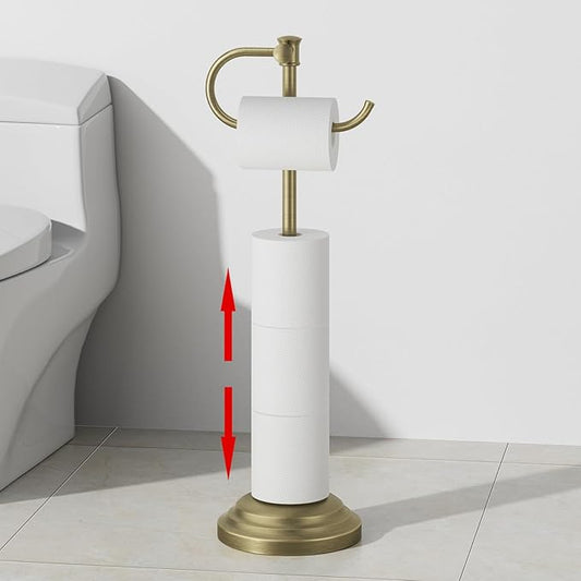 RUMOSE Toilet Paper Holder Stand for Floor, Antique Brass Bathroom Free Standing Toilet Tissue Roll Holder with Storage, Adjustable 17-25 Inch, SUS304 Stainless Steel