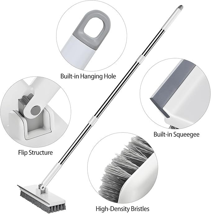 Floor Scrub Brush with 55" Long Handle, 2-in-1 Floor Brush with Built-in Squeegee, Adjustable Angle Head and Stiff Bristles for Tile, Wood, Concrete & Textured Floor Cleaning