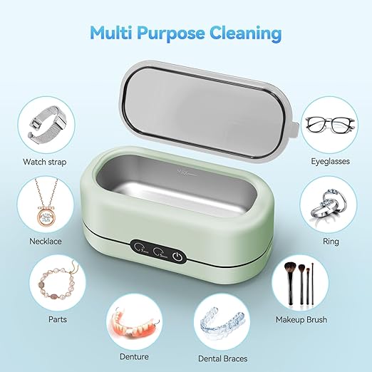 Ultrasonic Jewelry Cleaner 48KHz Ultrasonic Cleaner Machine for Jewelry, Glasses, Retainers, Rings, Dentures, Watch Strap 12oz 304 Stainless Steel- Green
