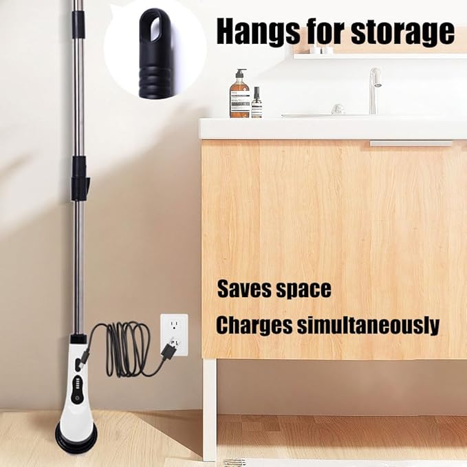 Electric Spin Scrubber, Cordless Shower Scrubber with Long Handle, 1.5h Bathroom Scrubber Dual Speed, Ipx7 Waterproof Cordless Cleaning Brush with 9 Replaceable Brush Heads & Extendable Handle