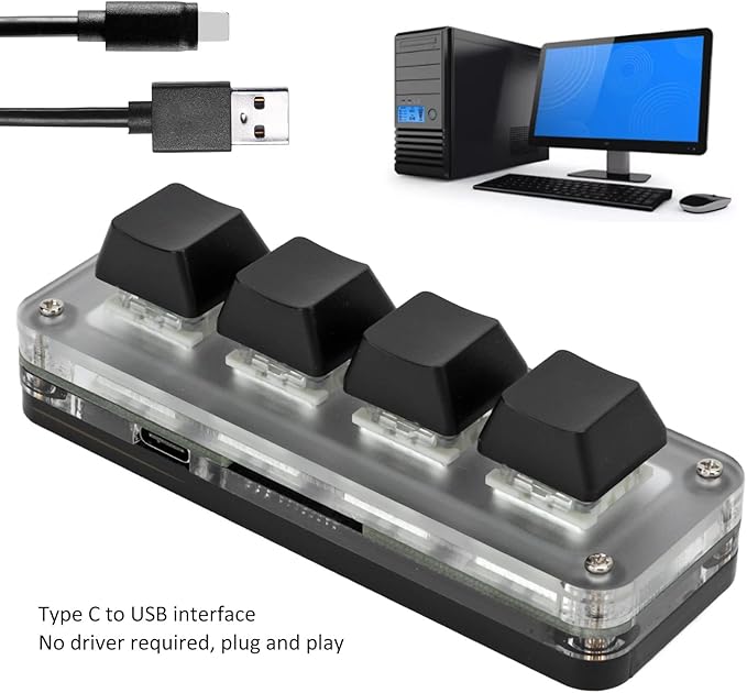 Mini 4 Key Gaming Keyboard Mechanical Keypad Type C to USB Interface Programming Black Gaming Keypad with RGB Light Plug and Play