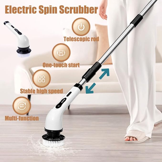 Electric Spin Scrubber, Cordless Shower Scrubber with Long Handle, 1.5h Bathroom Scrubber Dual Speed, Ipx7 Waterproof Cordless Cleaning Brush with 9 Replaceable Brush Heads & Extendable Handle