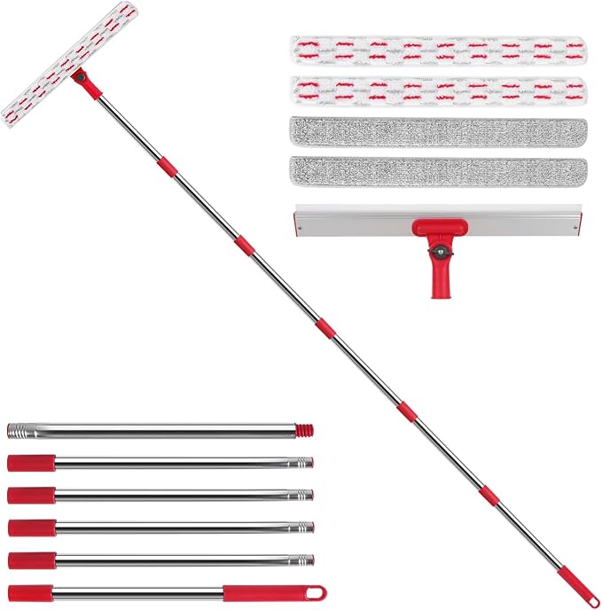 2-in-1 Professional Window Squeegee, 86.6'' Window Cleaner Tool with 6-Section Extension Pole, Window Cleaning Kit with 4 Microfiber Cloth, Window Washing Equipment for in/Outdoor Windows