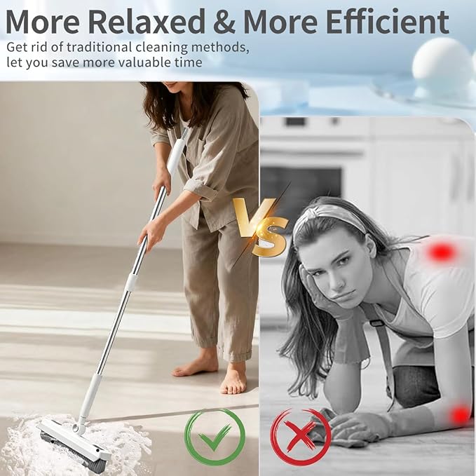 Floor Scrub Brush, 2 in 1 Cleaning Brush with Long Handle,Floor Scrubber Suit for Kitchen, Bedroom, Patio, Shower, Garage & Deck - Heavy Duty Tile, Concrete & Wood Surface Scrubber（White Grey）